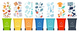 Fototapeta  - Waste segregation. Sorting garbage by material and type in colored trash cans. Separating and recycling garbage vector infographic. Garbage and trash, ecology rubbish recycling illustration