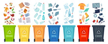 Waste Segregation. Sorting Garbage By Material And Type In Colored Trash Cans. Separating And Recycling Garbage Vector Infographic. Garbage And Trash, Ecology Rubbish Recycling Illustration