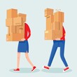 People carrying boxes stack. Cartoon man and woman with heavy carton box pile. Family couple carry packages. House moving vector concept. Illustration delivery package, carrying cardboard box