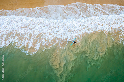 Fotografía Aerial view of man with surfboard walking towards sea in Noosa National Park