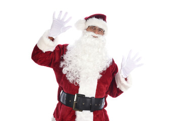 Wall Mural - Senior man in traditional Santa Claus costume with hands in the air acting surprised or shocked. Isolated on white.