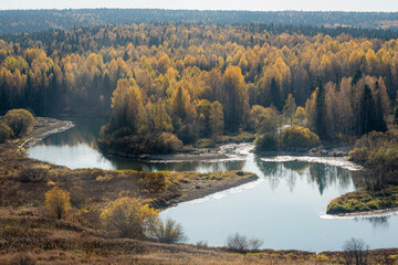 Wall Mural - autumn landscape, a beautiful forest on the banks of the river, the sunlight and the rays through ye