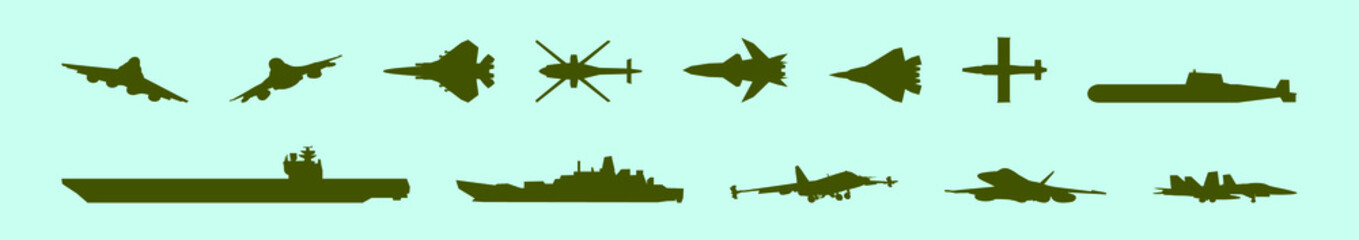 Set of aircraft carrier cartoon icon design template with various models. vector illustration isolated on blue background