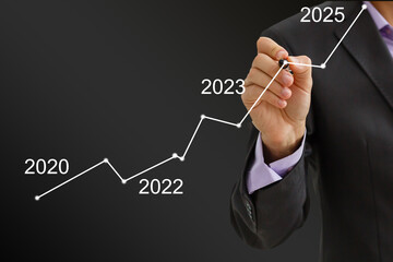 Aufkleber - Man's hand pointing graph of success in 2023 year. Growing business concept