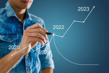 Aufkleber - Man's hand pointing graph of success in 2022 year. Growing business concept