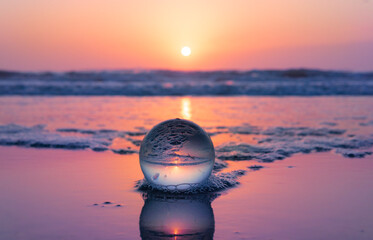 Beautiful Sunset Reflected On Colorful Ocean Beach Seashore