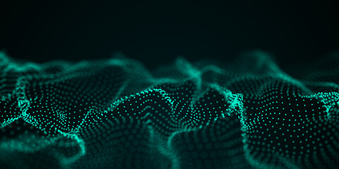 Poster - Digital dynamic wave of particles. Abstract blue futuristic background. Big data visualization. 3D rendering.