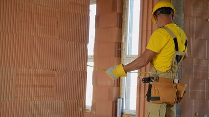 Wall Mural - Construction Builder Worker Working Inside Newly Constructed Building. Construction Industry Labor.