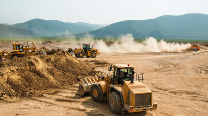 Wall Mural - Earthworks in an open area on a summer sunny day. Cargo dump trucks, excavators, wheel loaders and bulldozers operate at the same time.