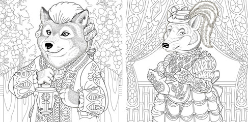 Wall Mural - Coloring page. Wolf man and woman. Line art drawing for adult or kids coloring book in zentangle style. Vector illustration.