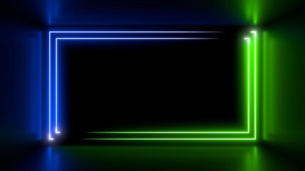 Poster - Colorful neon lamps in a dark corridor. Reflections on the floor. 3d rendering image.