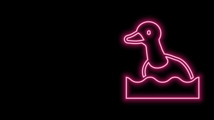 Poster - Glowing neon line Flying duck icon isolated on black background. 4K Video motion graphic animation