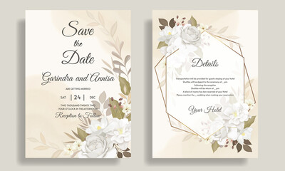 Wall Mural -  Elegant wedding invitation card template set with beautiful white floral and leaves Premium Vector