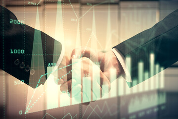 Double exposure of forex graph hologram and handshake of two men. Stock market concept.