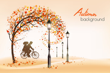 Poster - Hello a gold autumn. Autumn landscape with autumn colorful leaves on the  tree and bike with silhouette  in a park on a background. Vector illustration