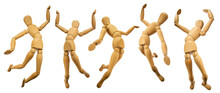 Five Lucky Wooden Painterly Figures In A Jump