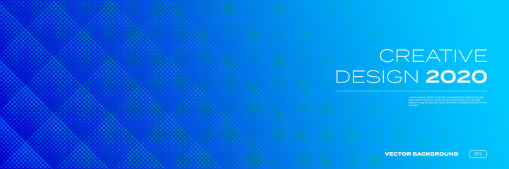 Poster - Background, halftone pattern in color gradient, geometric abstract trendy vector cover design. Simple minimal neon blue light halftone color gradient on modern square dot pattern background