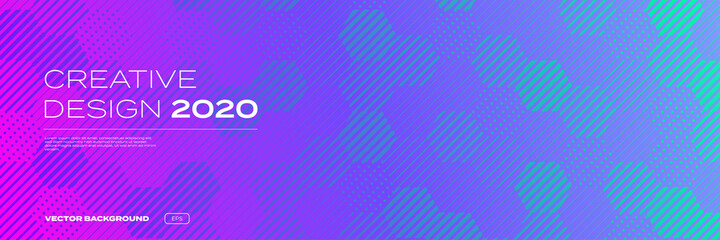 Poster - Creative background pattern, halftone color gradient, trendy creative design of 2020, vector. Abstract geometric honeycomb pattern on purple pink neon color, digital technology background