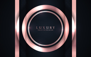 Poster - Luxury background design with blue and rose golden element decoration. Elegant paper art shape vector layout template for use cover magazine, poster, flyer, invitation, product packaging, web banner