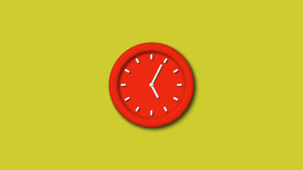 Amazing red color 3d wall clock isolated on yellow background, 12 hours 3d wall clock