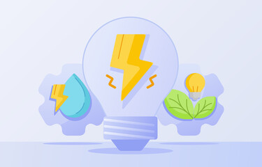 Wall Mural - Clean energy power concept lightning in bulb lamp water drop leaf white isolated background with flat style
