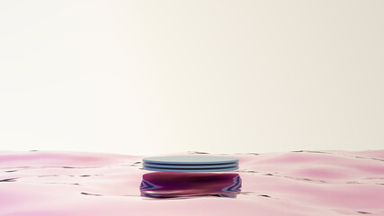 Fototapete - Ocean water with podium for product. Cosmetic beauty mock up. Trendy set design. 3d render