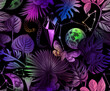 © Арина Трапезникова - Tropical leaves with butterfly and moon, constellations in the night. Seamless mysterious, magical pattern drawn with shining paints