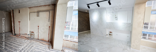 Fotomural Empty flat with marble floor before and after refurbishment