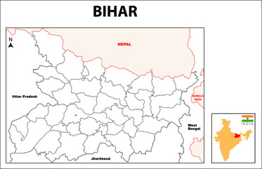  Bihar Map. Bihar District map. Bihar districts map with name labels in White background. Bihar district map with border in highligh color.