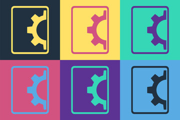 Pop art Software, web development, programming concept icon isolated on color background. Programming language and program code on screen tablet. Vector.
