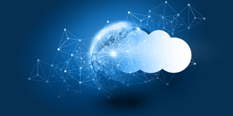 Poster - Cloud Computing Design Concept - Digital Connections, Technology Background with Earth Globe and Geometric Network Mesh