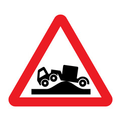 Wall Mural - Risk of grounding at level crossing ahead road sign. Vector illustration of red triangle warning traffic sign with truck and hump icon inside. Caution level crossing or hump backed bridge.