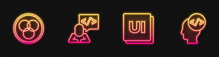Set line UI or UX design, RGB and CMYK color mixing, Front end development and . Glowing neon icon. Vector.