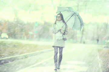 autumn raindrops model / rain weather, girl autumn look, splashes and raindrops in the wind, october in the city