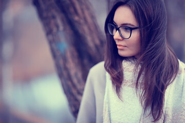 Wall Mural - autumn girl glasses / autumn look girl in transparent glasses, eyesight