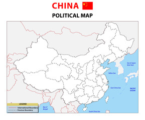  Vector illustration of simplified administrative map of China in white background theme. Borders and names of the provinces. Grey silhouettes. White outline with national and international borders.