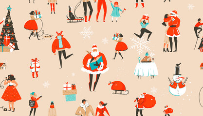 Wall Mural - Hand drawn vector abstract fun stock flat Merry Christmas,and Happy New Year time cartoon festive seamless pattern with cute illustrations of festive people and Santa isolated on color background