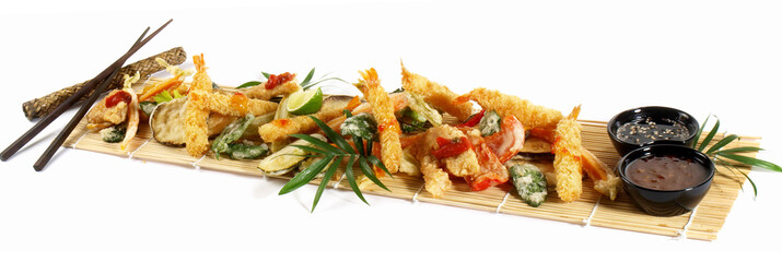 Sticker - Vegetable Tempura with Soy and Dipping Sauce - Panorama on white Background - Isolated