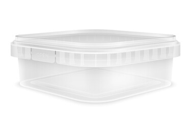 Transparent low rectangular empty plastic bucket. Front view from the corner.