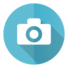 Aufkleber - Camera vector icon, flat design blue round web button isolated on white background