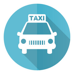 Poster - Taxi vector icon, flat design blue round web button isolated on white background