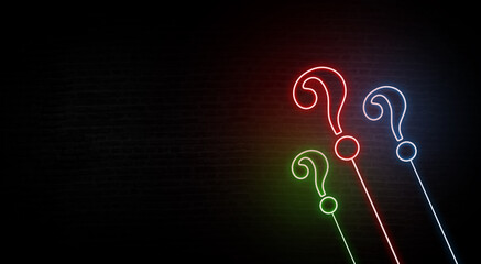 Wall Mural - Neon glow question mark on dark purple background, question mark concept