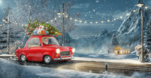 Santa Claus In Cute Little Retro Car With Decorated Christmas Tree On Top Goes By Wonderful Countryside Road.
