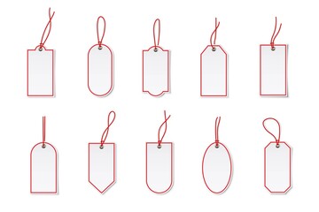 Poster - Price or label tags mockup template set. Blank cards with red strings for gifts or sales with different shapes: ellipse, rectangle. Empty stickers with red frames vector illustration