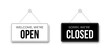 © backup16 - Black Closed and White Open signboards hanged on suction cup. Rectangular shape clipboard for retail, shop, cafe, bar, restaurant. Announcement template with opportunity to visit on white backdrop.
