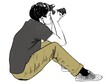 © Sasha Al - Sketch Photographer with camera takes picture sitting on floor. Hand drawn sketch Illustration isolate on white background
