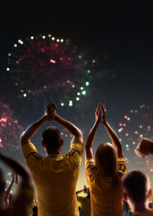 Wall Mural - Fans celebrate in Stadium Arena night fireworks