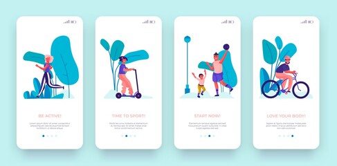 Poster - Sport onboard screen. Cartoon training concept for mobile app page. Trendy mobile application UI with cartoon characters workout activity. Vector people run, ride scooter, bike, play active games