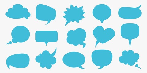 Aufkleber - Speech bubbles. Blue blank comment balloons set, thought empty text bubble symbol, comic think cloud different forms template round square heart shape, vector cartoon isolated on white collection