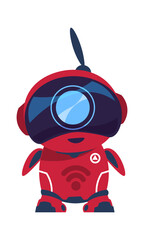 Poster - Friendly robot character. Red android with antenna. Smart toy, cartoon electronic mascot. Digital assistant template for website support. Technology innovation event advertising vector illustration